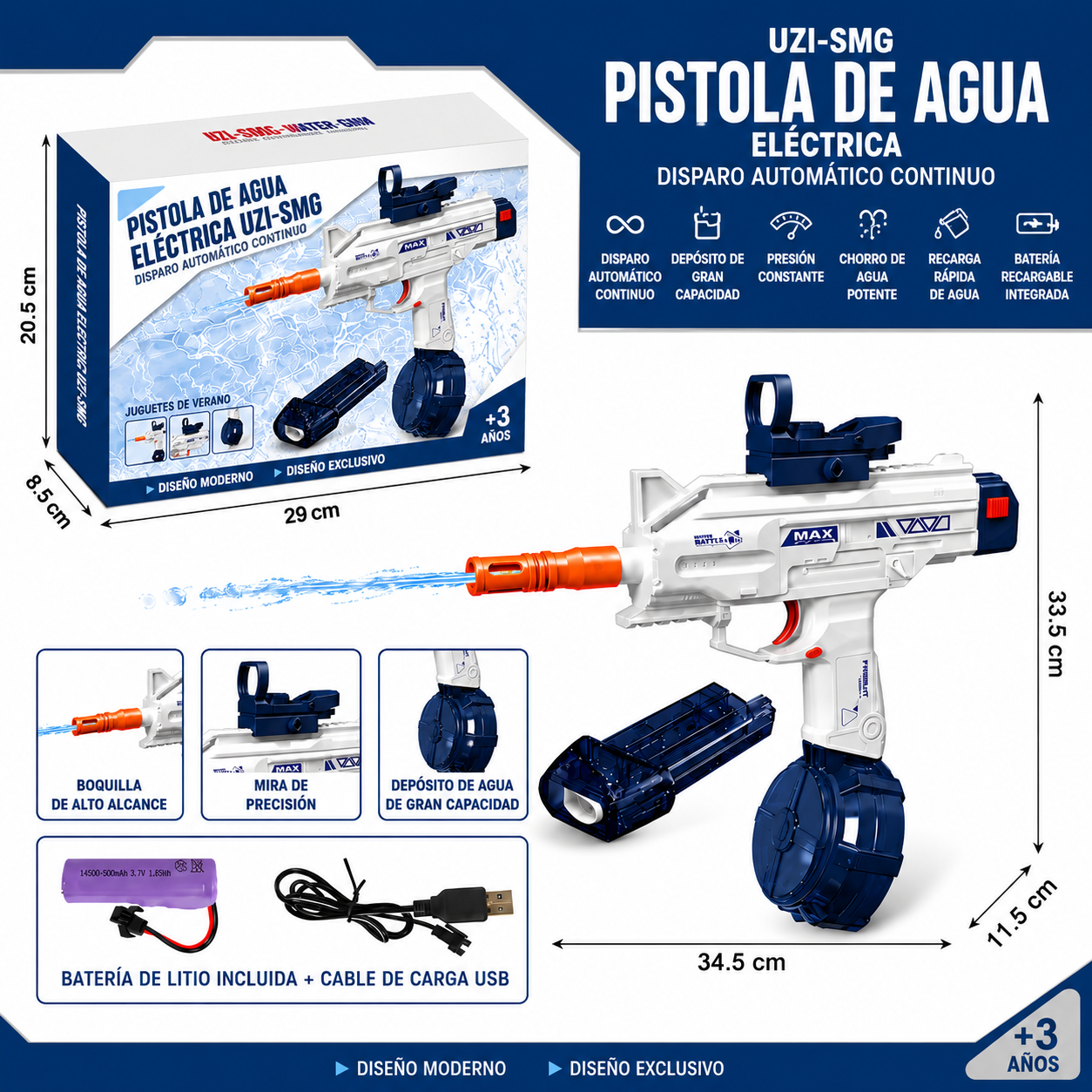 Pistola de Agua Eléctrica UZI-SMG Recargable por USB para Niños (o no 🙂↔️)